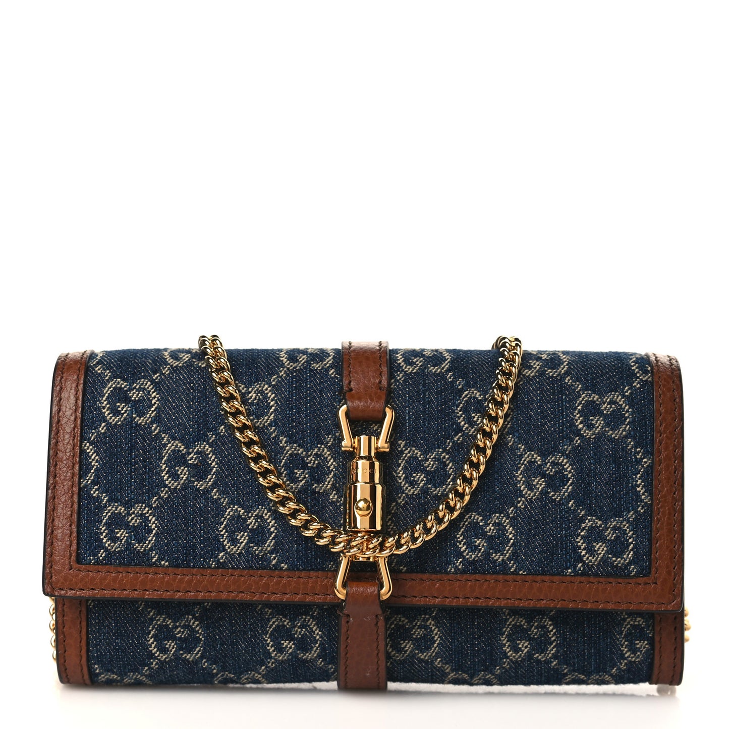 New Denim GG Monogram Jackie 1961 Chain Wallet Blue Tea Cuir