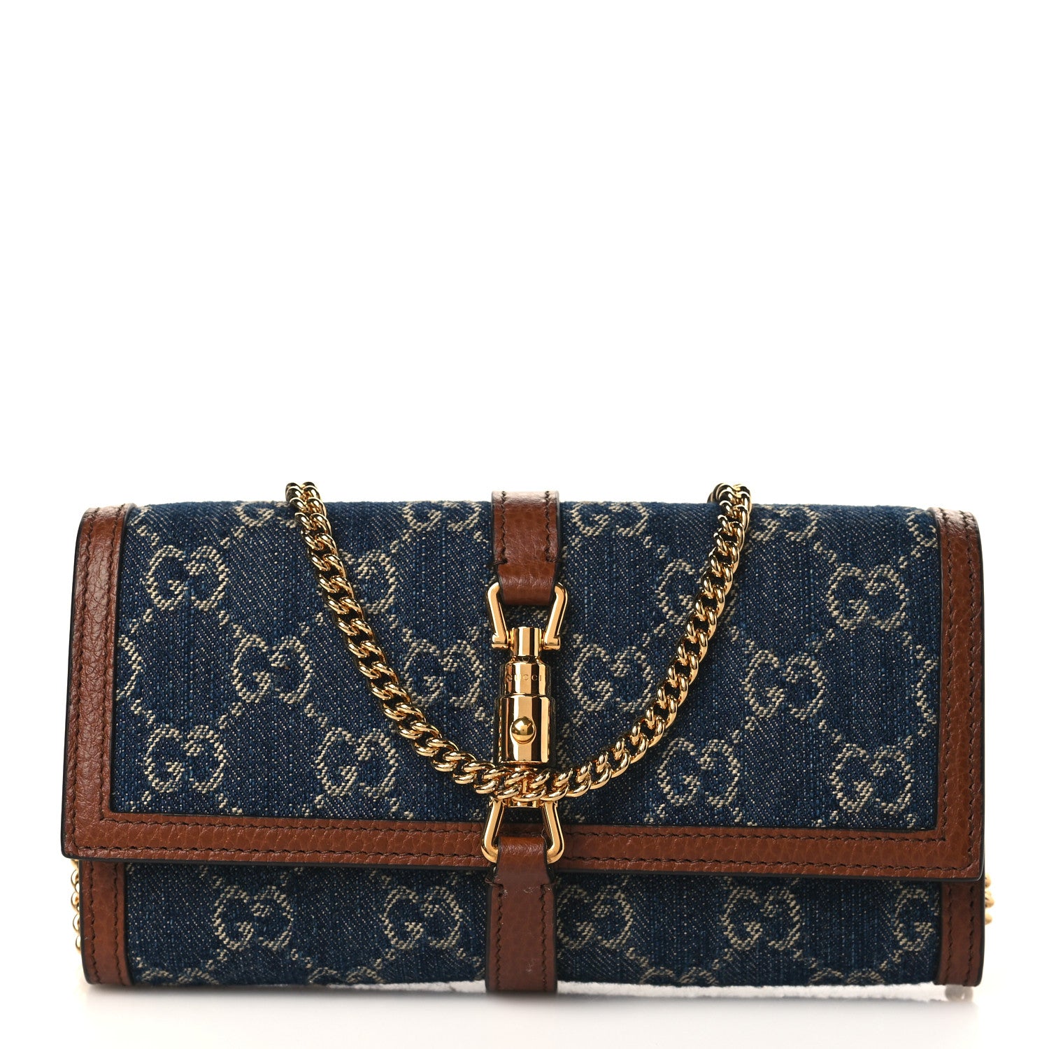 Gucci New Denim GG Monogram Jackie 1961 Chain Wallet Blue Tea Cuir 1 of 9