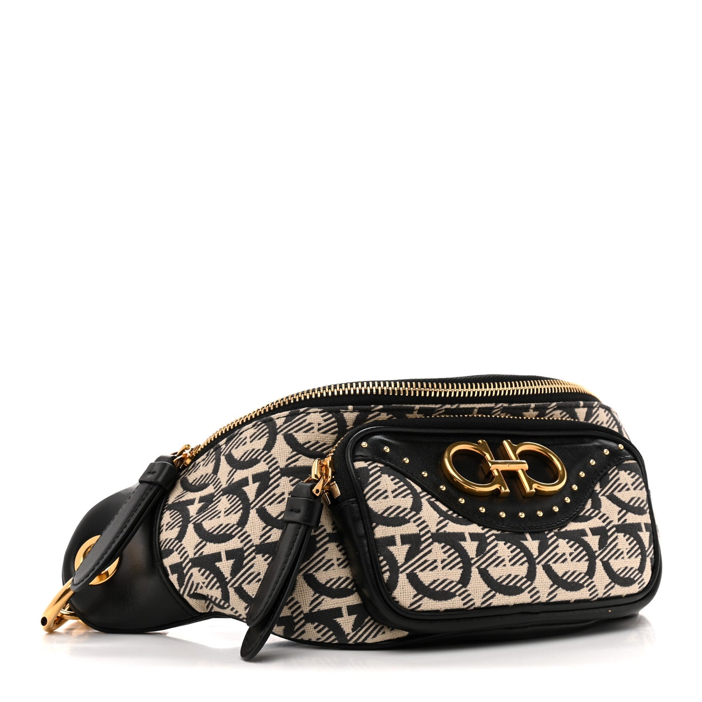 Canvas Calfskin Gancini Studded Waist Bag Black Beige