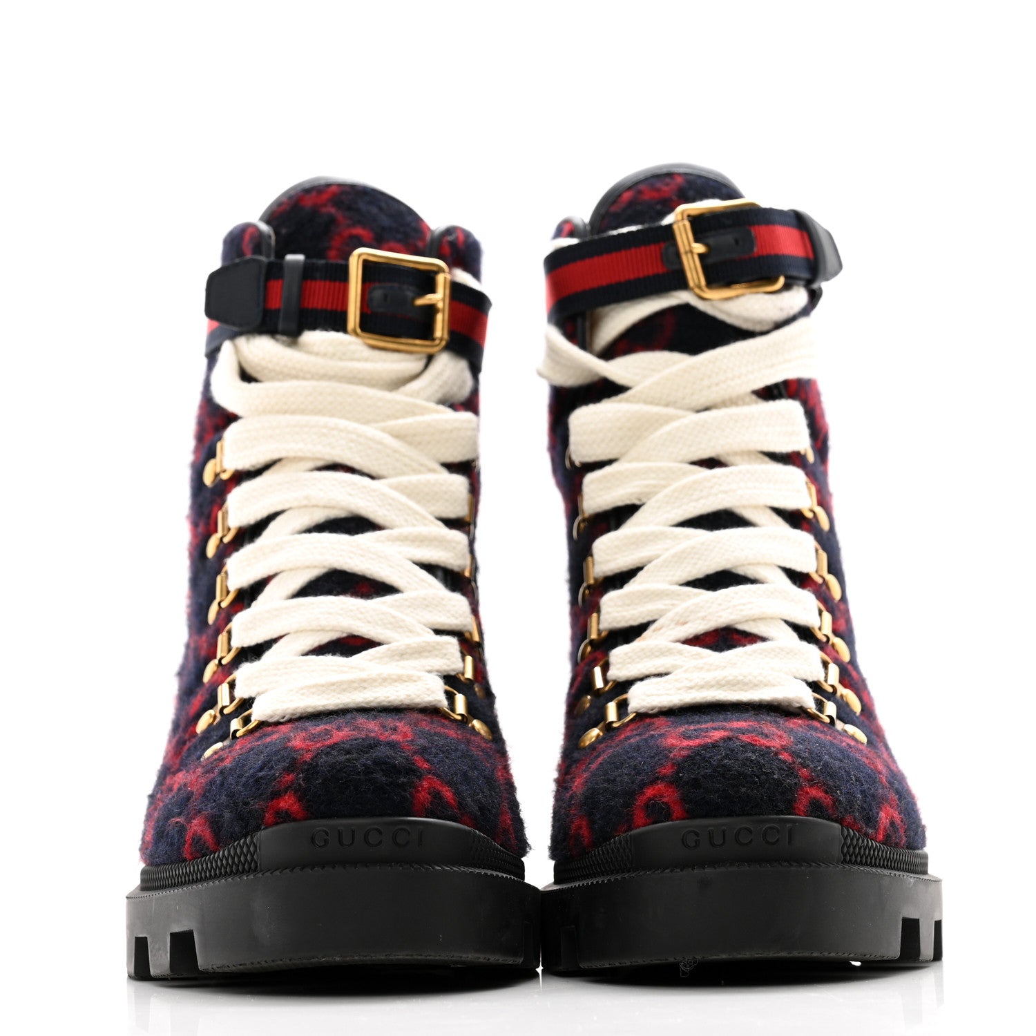 Gucci Covered Wool Big GG Monogram Womens Lace Up Combat Ankle Boots 39.5 Blue Red 2 of 11