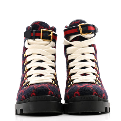 Gucci Covered Wool Big GG Monogram Womens Lace Up Combat Ankle Boots 39.5 Blue Red 2 of 11