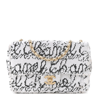 Chanel Sequin Logo Mini Rectangular Flap White Black 1 of 12