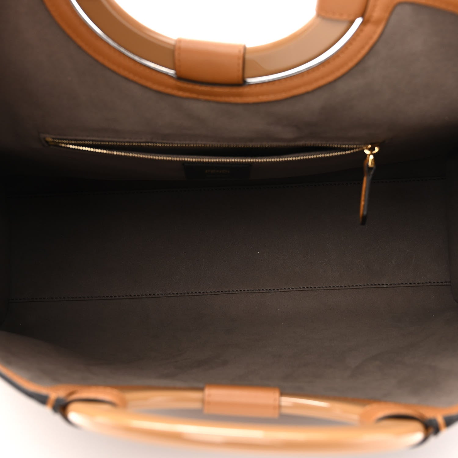 Fendi Glazed Fabric Vitello Century Plexiglass FF 1974 Stamp Patch Medium Runaway Shopper Tote Mogano Panna Nocciola 9 of 17