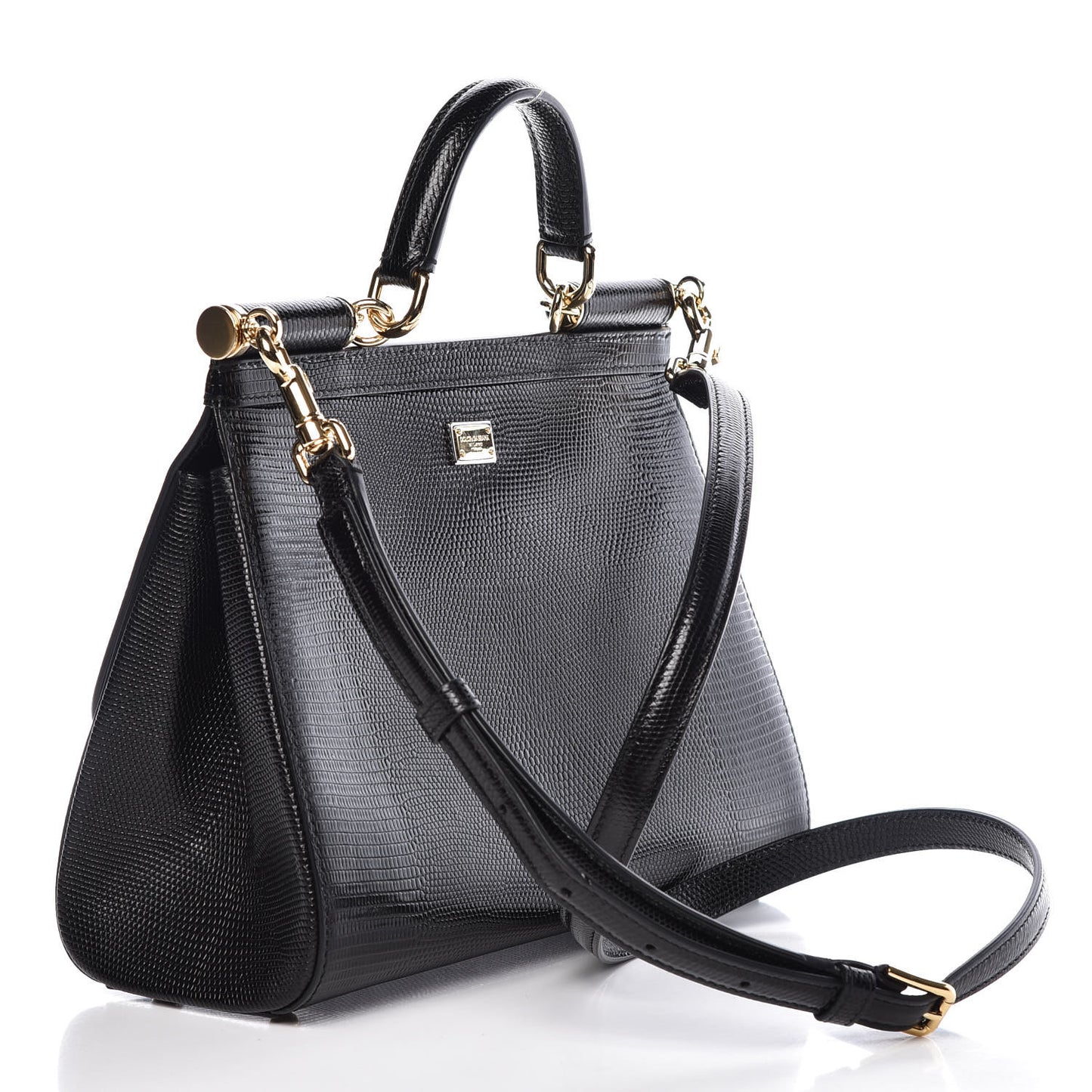 Calfskin Iguana Embossed Studded Medium Fashion Sinner Patch Miss Sicily Satchel Black