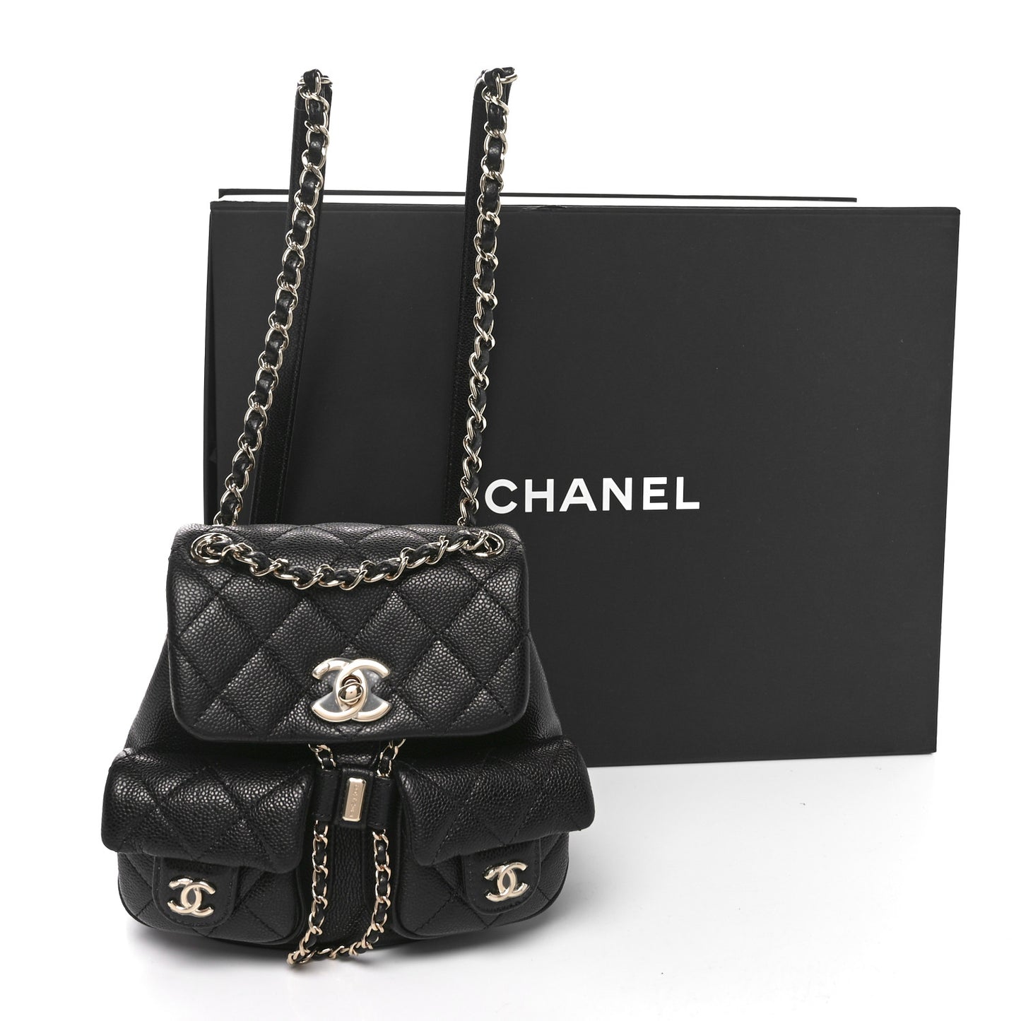 Shiny Caviar Quilted Small Duma Pockets Drawstring Backpack Black