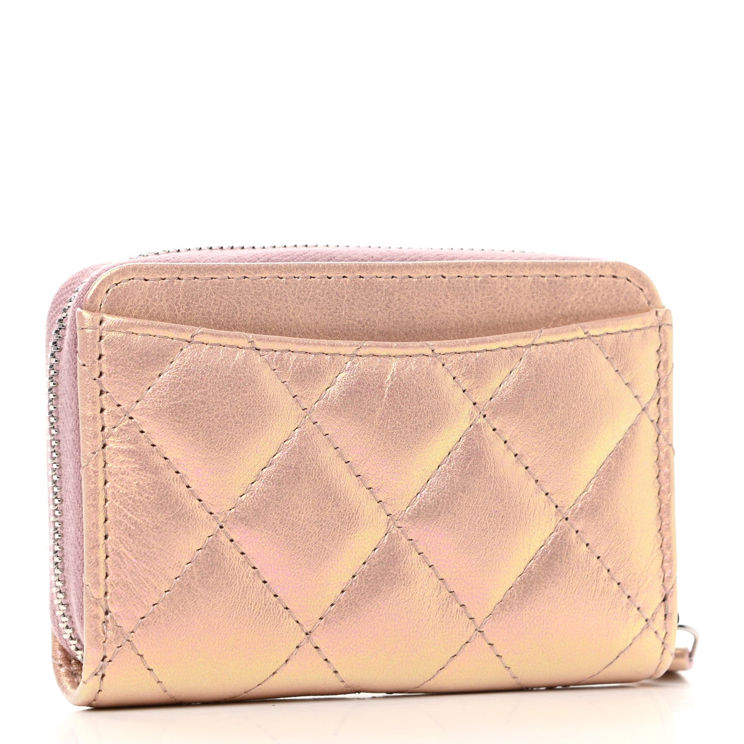 Iridescent Calfskin Quilted Zip Coin Purse Wallet Pink
