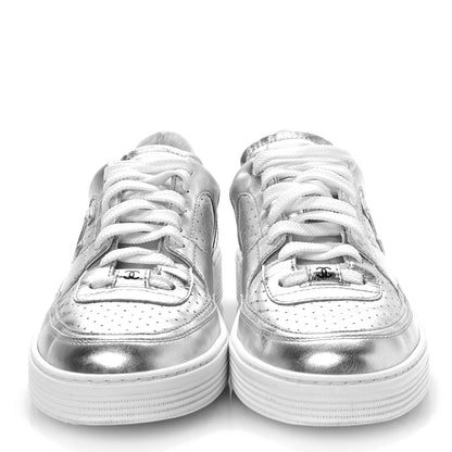 Chanel Laminated Calfskin CC Womens Sneakers 38 Silver 2 of 9