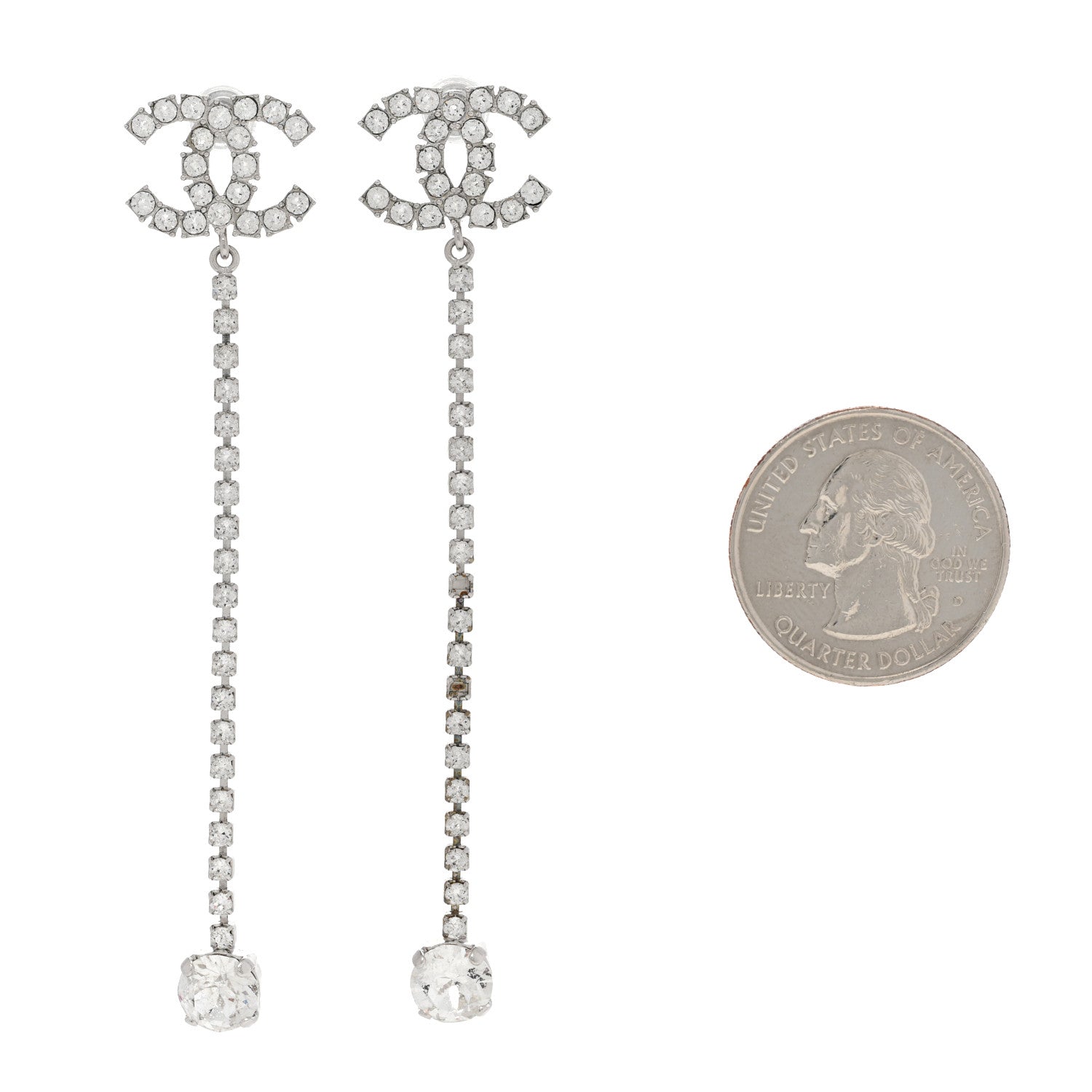 Chanel Metal Baguette Round Crystal CC Drop Long Earrings Silver 2 of 6