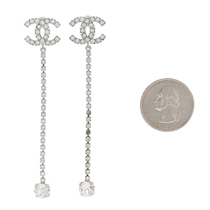 Chanel Metal Baguette Round Crystal CC Drop Long Earrings Silver 2 of 6