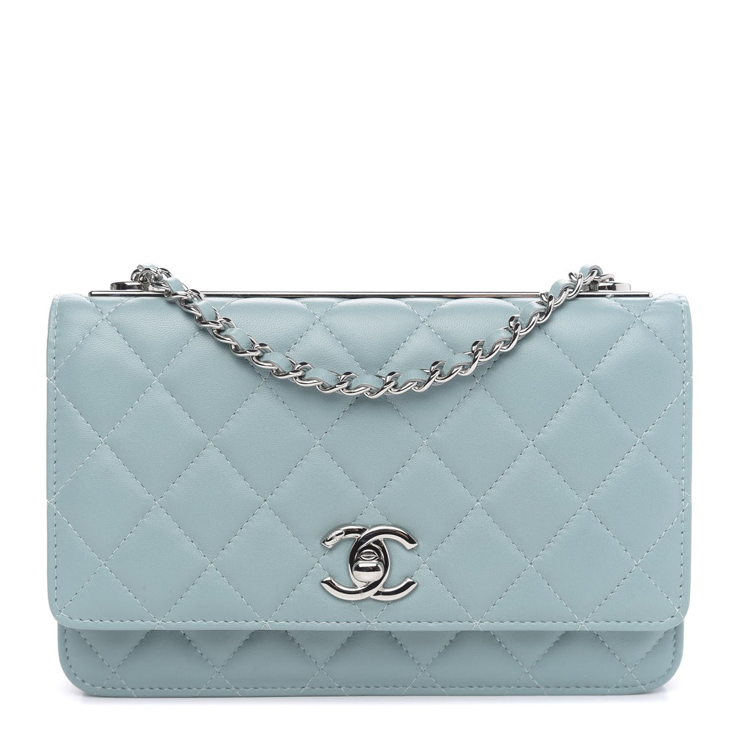 Lambskin Quilted Trendy CC Wallet On Chain WOC Light Blue