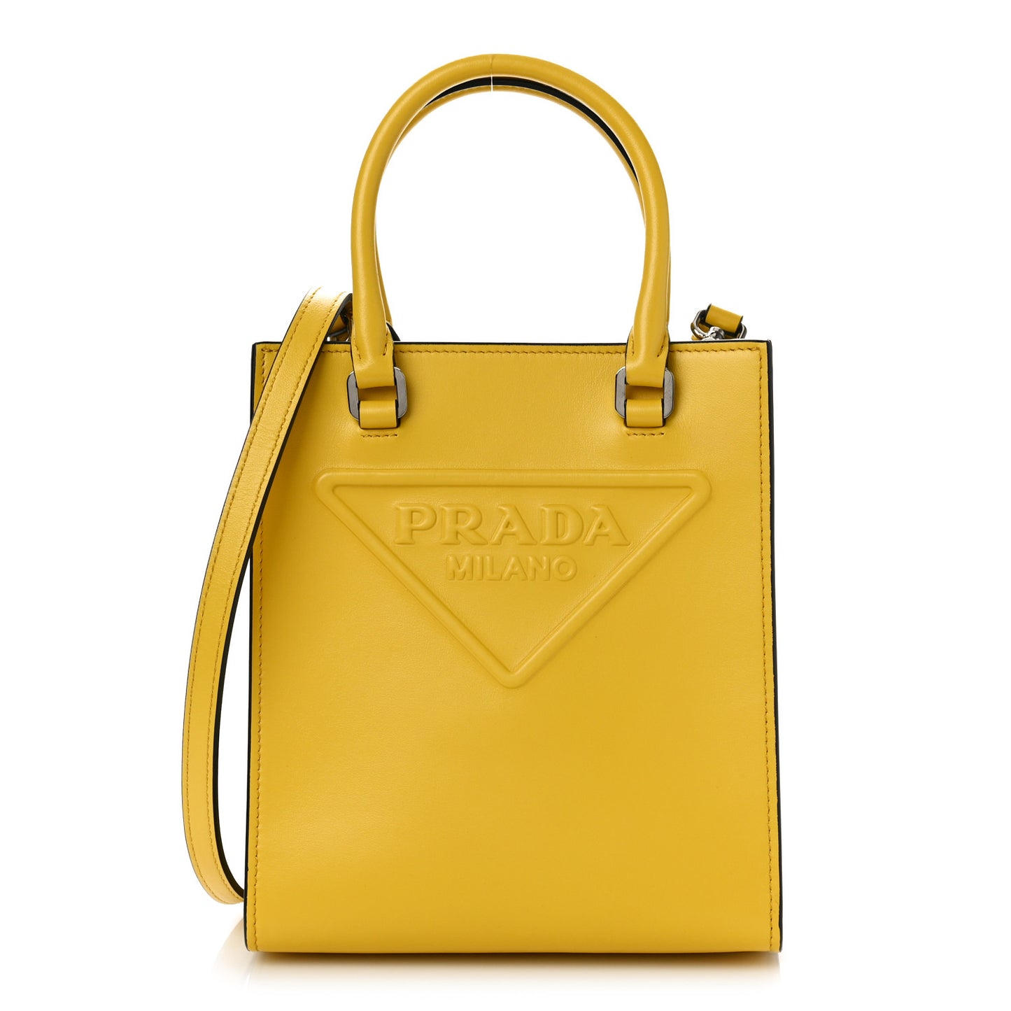 Soft Calfskin Triangle Logo Embossed Small Double Handle Crossbody Tote Sole