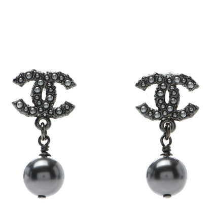 Chanel Crystal Pearl CC Drop Earrings Ruthenium 1 of 4