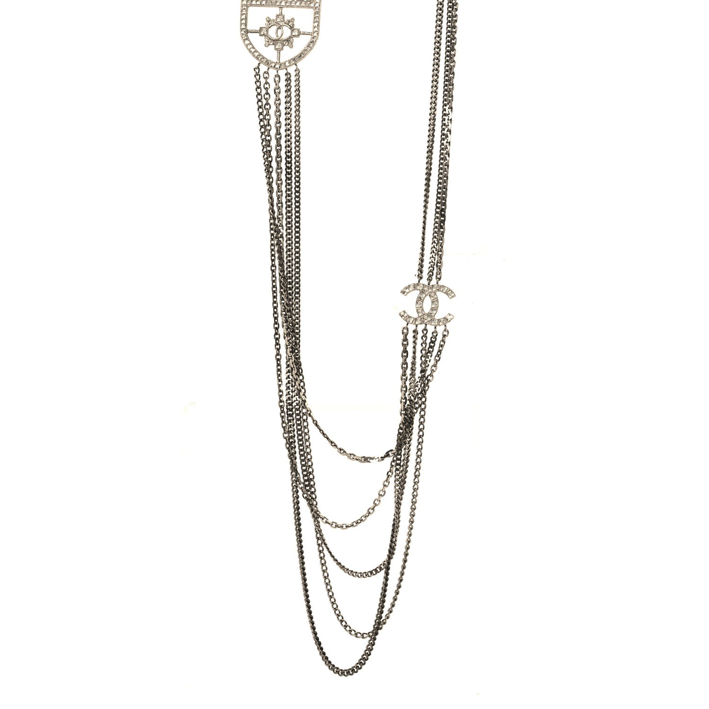 Baguette Crystal CC Shield Multi Strand Long Chain Necklace Silver