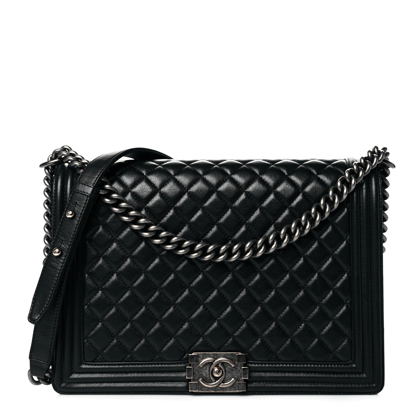 Calfskin Quilted Large Boy Flap Black