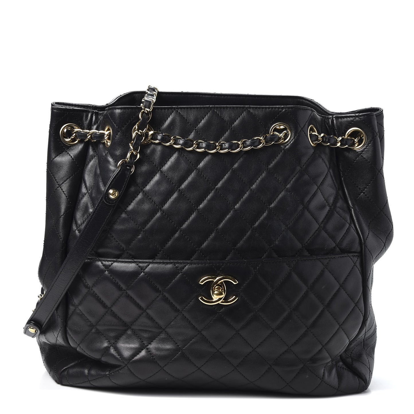 Lambskin Quilted Large Drawstring Bag Black