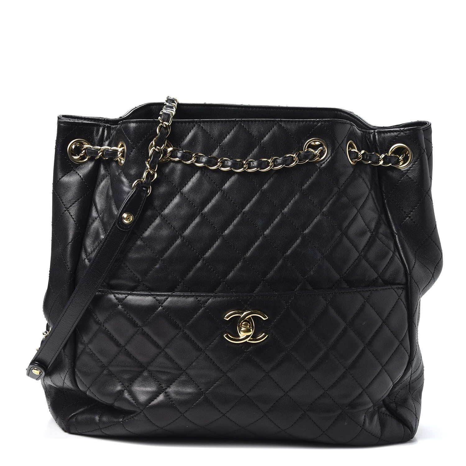 Chanel Lambskin Quilted Large Drawstring Bag Black 1 of 10
