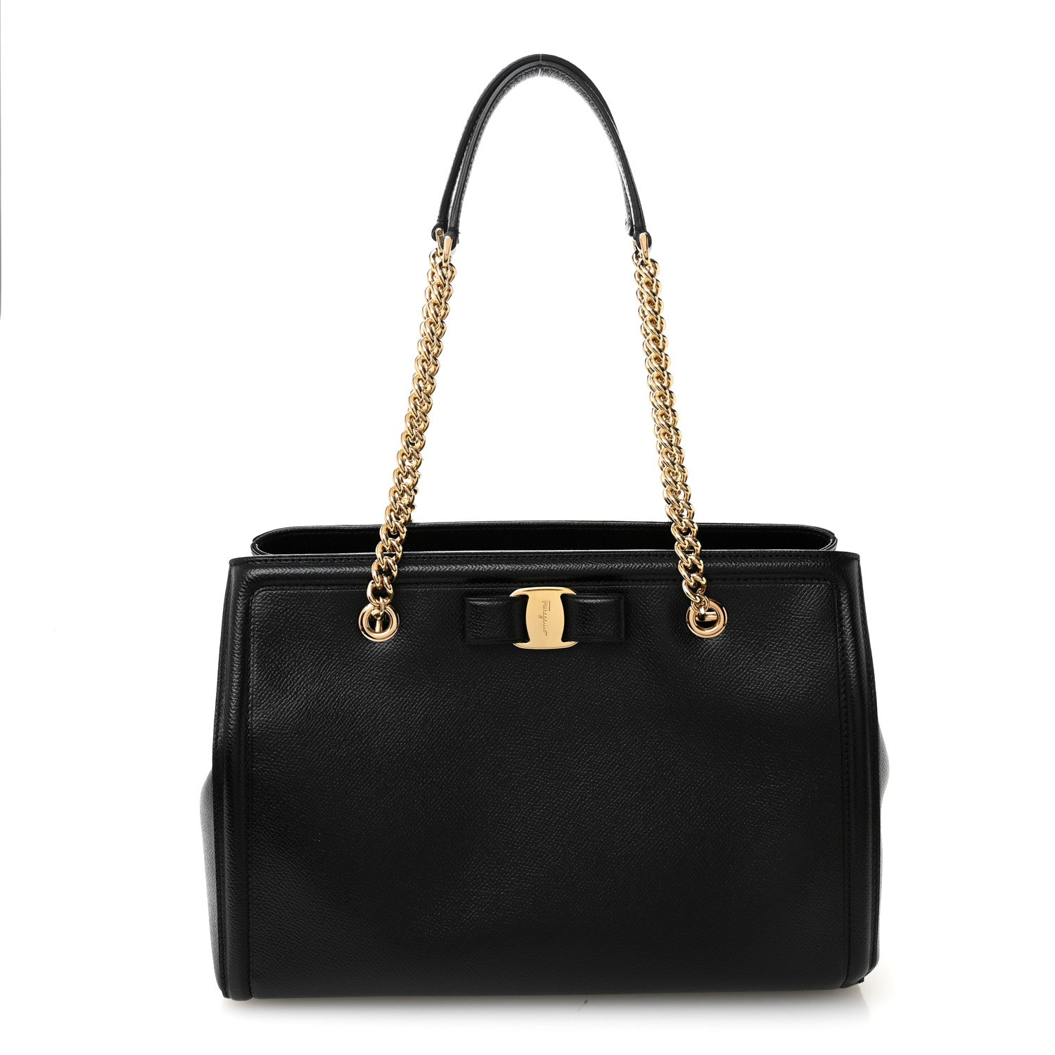 Salvatore Ferragamo Hammered Calfskin Vara Bow Chain Tote Black 1 of 10