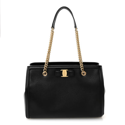 Salvatore Ferragamo Hammered Calfskin Vara Bow Chain Tote Black 1 of 10