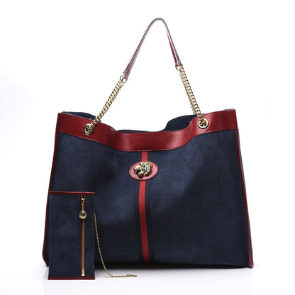 Gucci Suede Calfskin Maxi Rajah Chain Tote New Blue Romantic Cherry 2 of 12