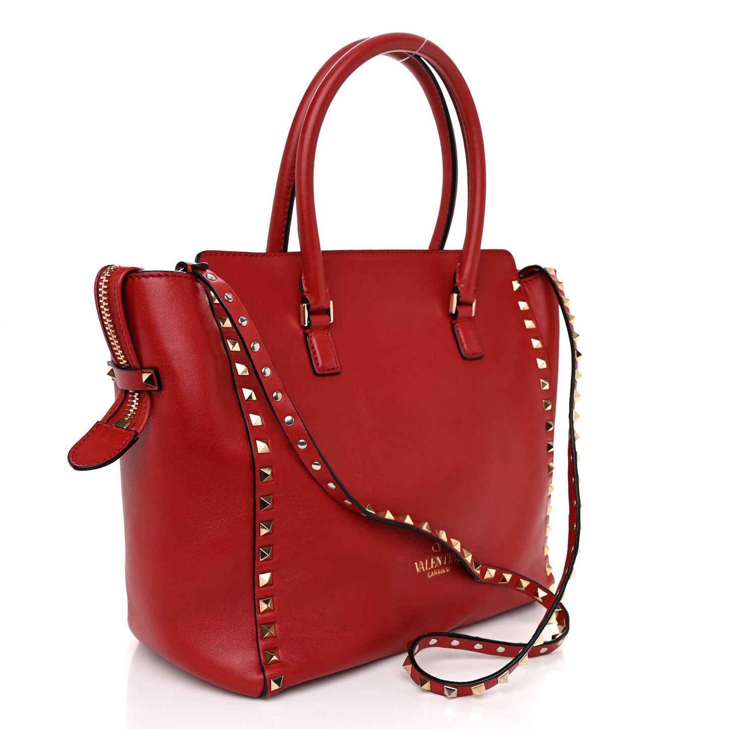 Vitello Rockstud Double Handle Tote Red