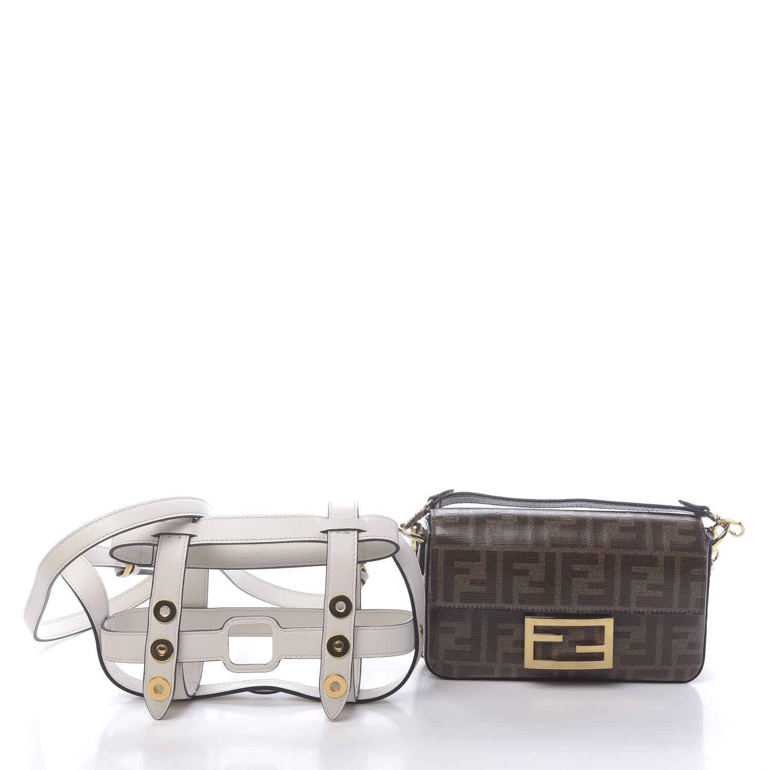 Fendi Glazed Fabric Vitello Century FF 1974 Mini Baguette Cage Mogano Panna White Ice 5 of 12
