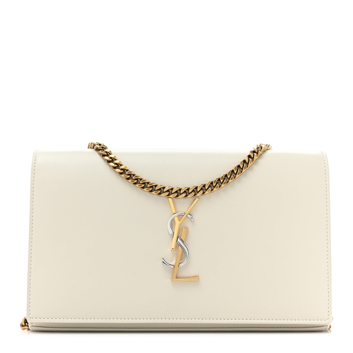 SAINT LAURENT Smooth Calfskin Tri-Metal Cassandre Wallet On Chain WOC Crema Soft
