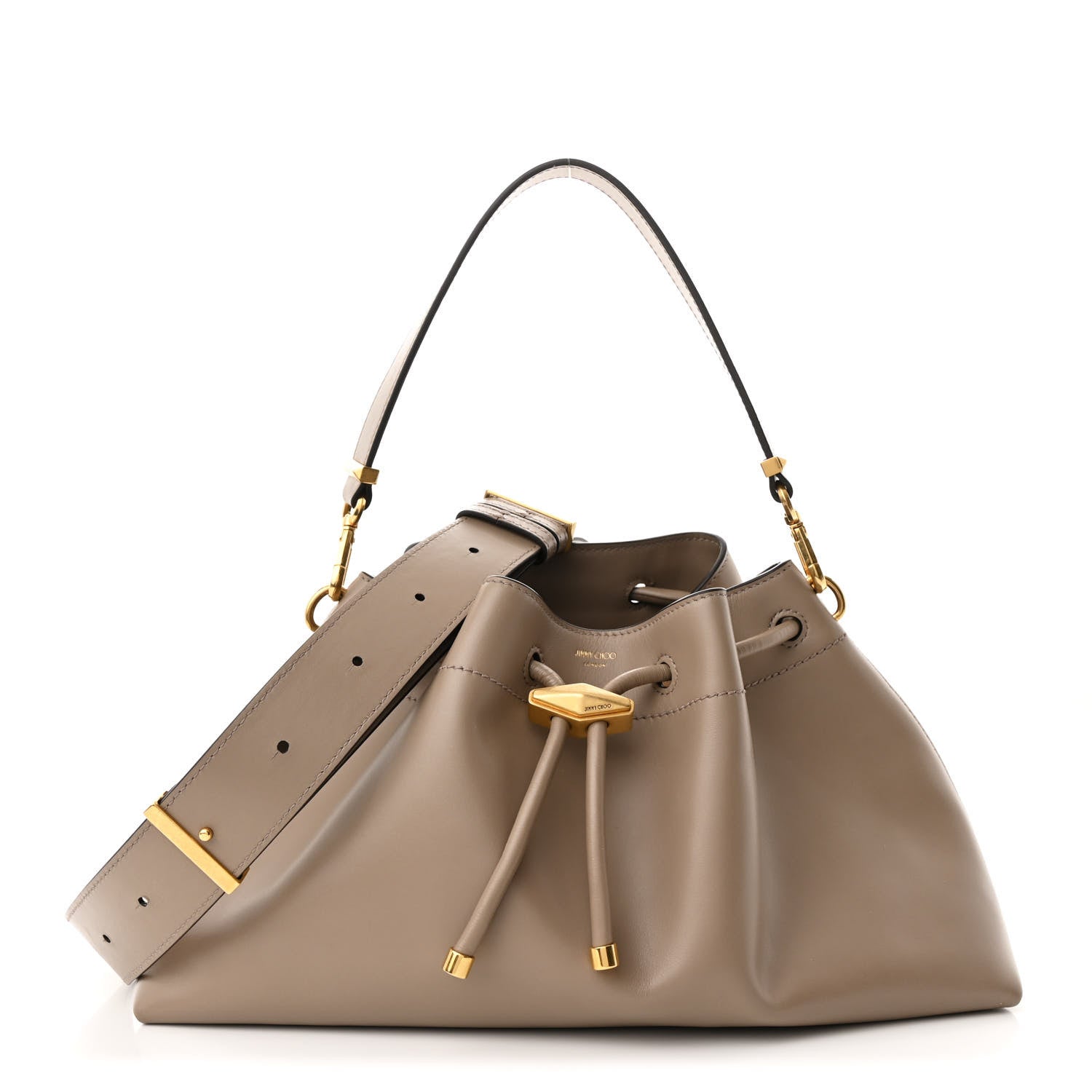 Jimmy Choo Smooth Shiny Calfskin Cinch M Bucket Bag Taupe 1 of 11