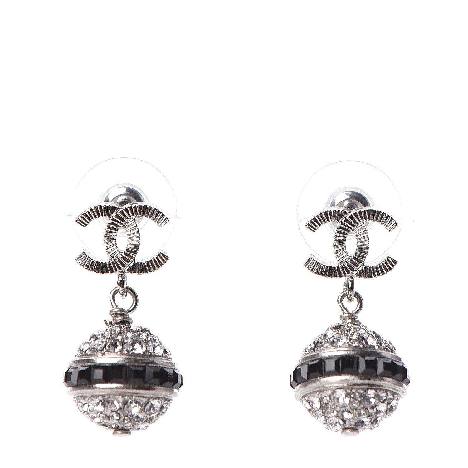 Chanel Crystal CC Drop Earrings Black Silver 1 of 5