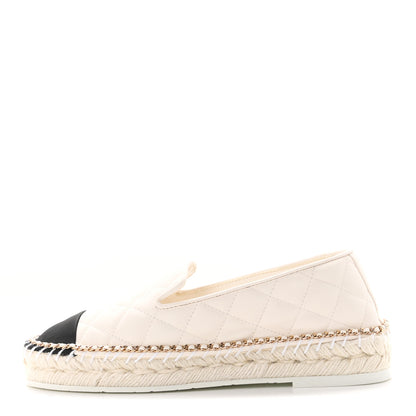 Chanel Shiny Lambskin Quilted Grosgrain Cap Toe CC Chain Espadrilles 37 White Black 1 of 10