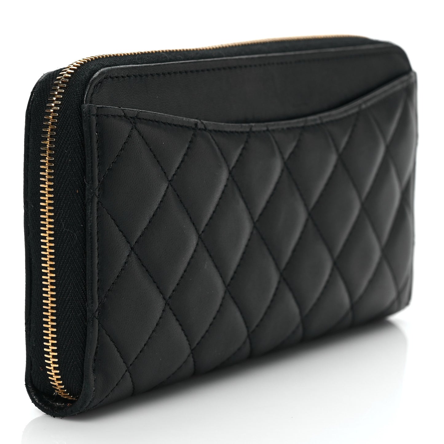 Lambskin Quilted Large Gusset Zip Around Wallet Black