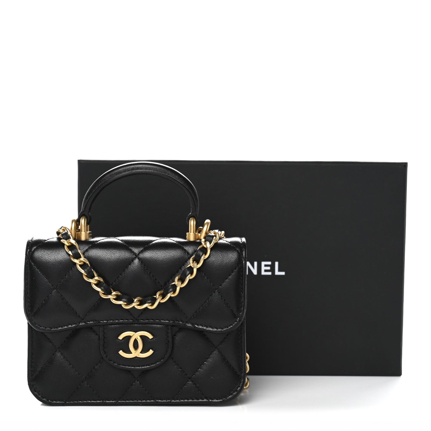 Lambskin Quilted Top Handle Flap Coin Purse With Chain Black