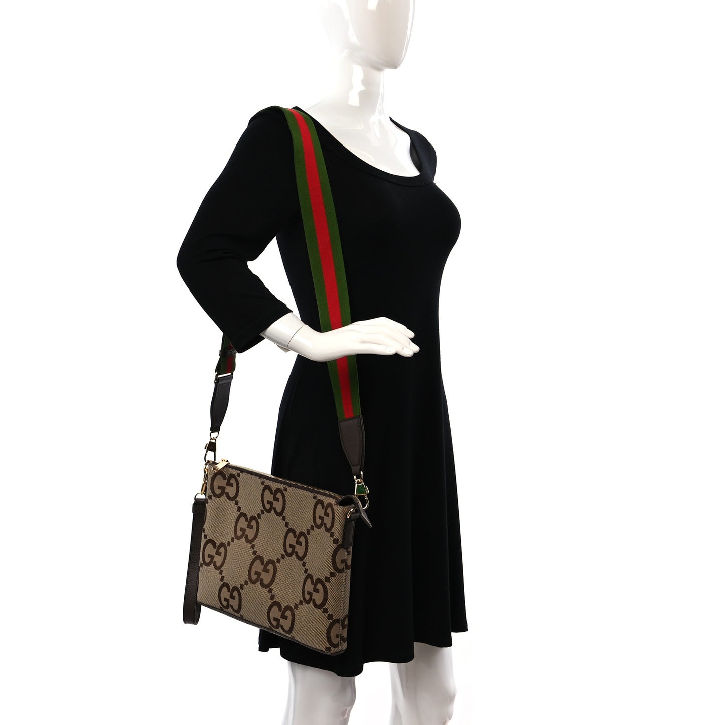 Monogram Jumbo GG Textured Dollar Calfskin Web Wristlet Messenger Bag Camel Ebony New Acero