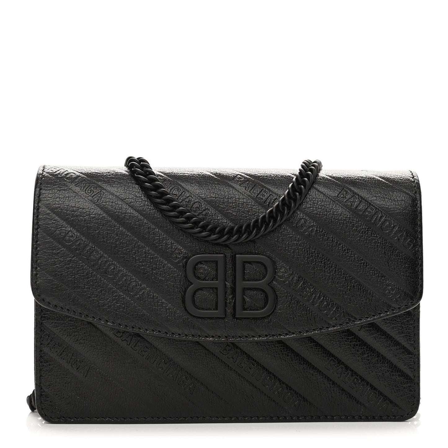 Shiny Goatskin Logo Embossed Monochrome BB Wallet On Chain Black