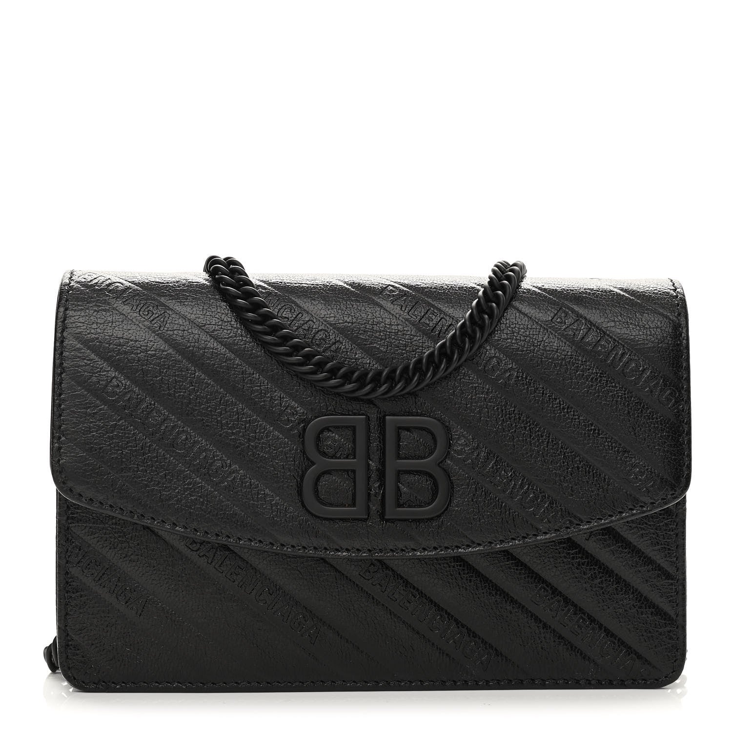 Balenciaga Shiny Goatskin Logo Embossed Monochrome BB Wallet On Chain Black 1 of 9