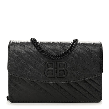 Balenciaga Shiny Goatskin Logo Embossed Monochrome BB Wallet On Chain Black 1 of 9