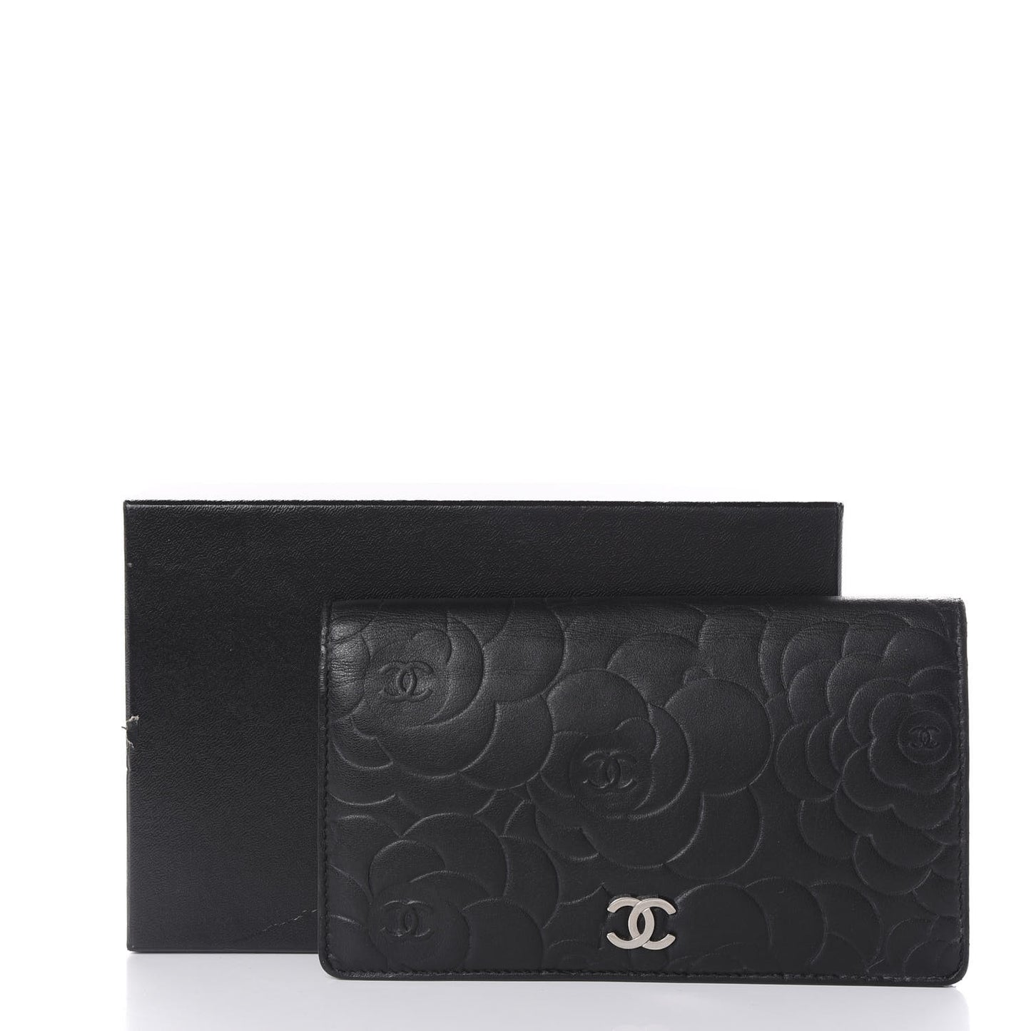 Lambskin Camellia Embossed Yen Wallet Black