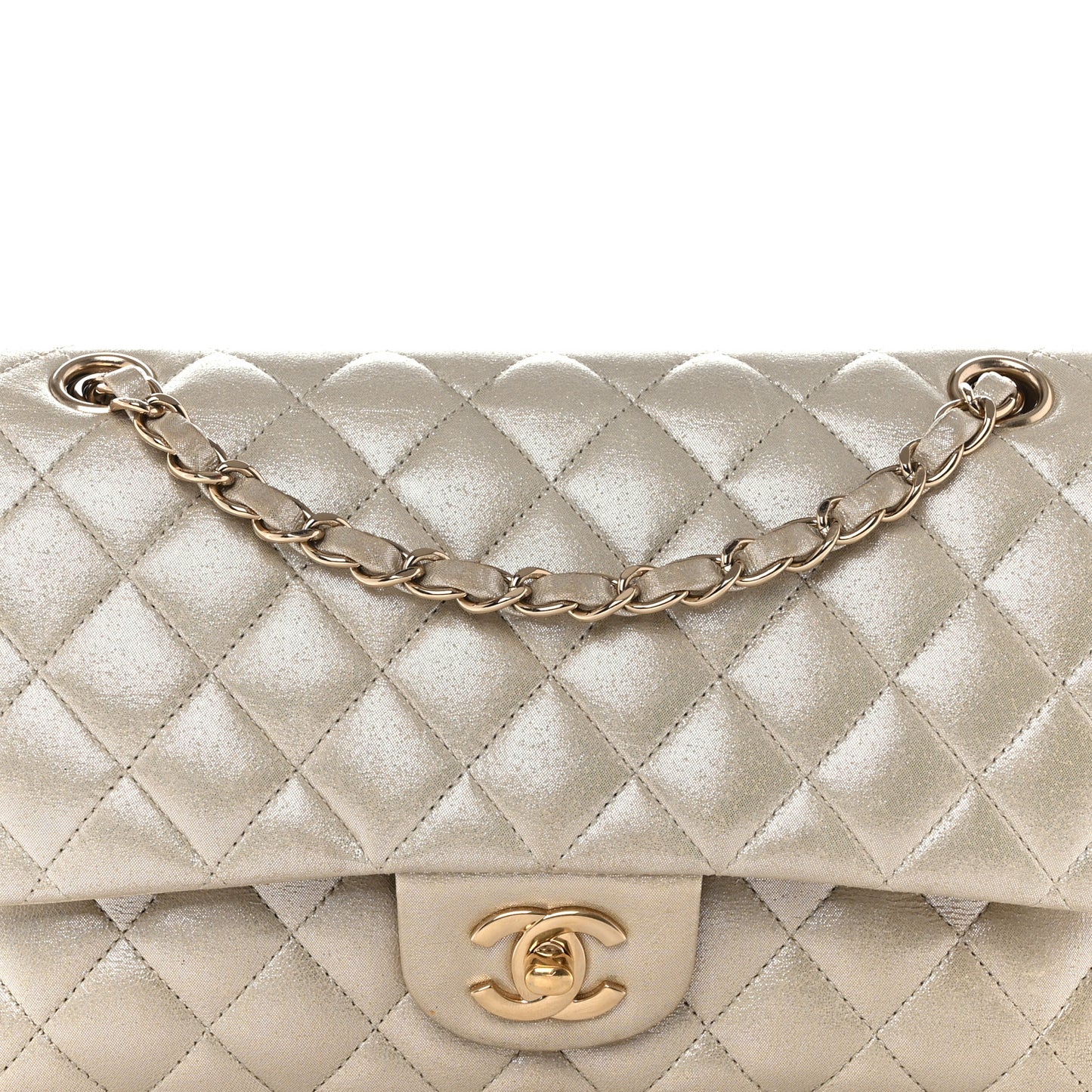 Iridescent Calfskin Quilted Medium Double Flap Light Gold