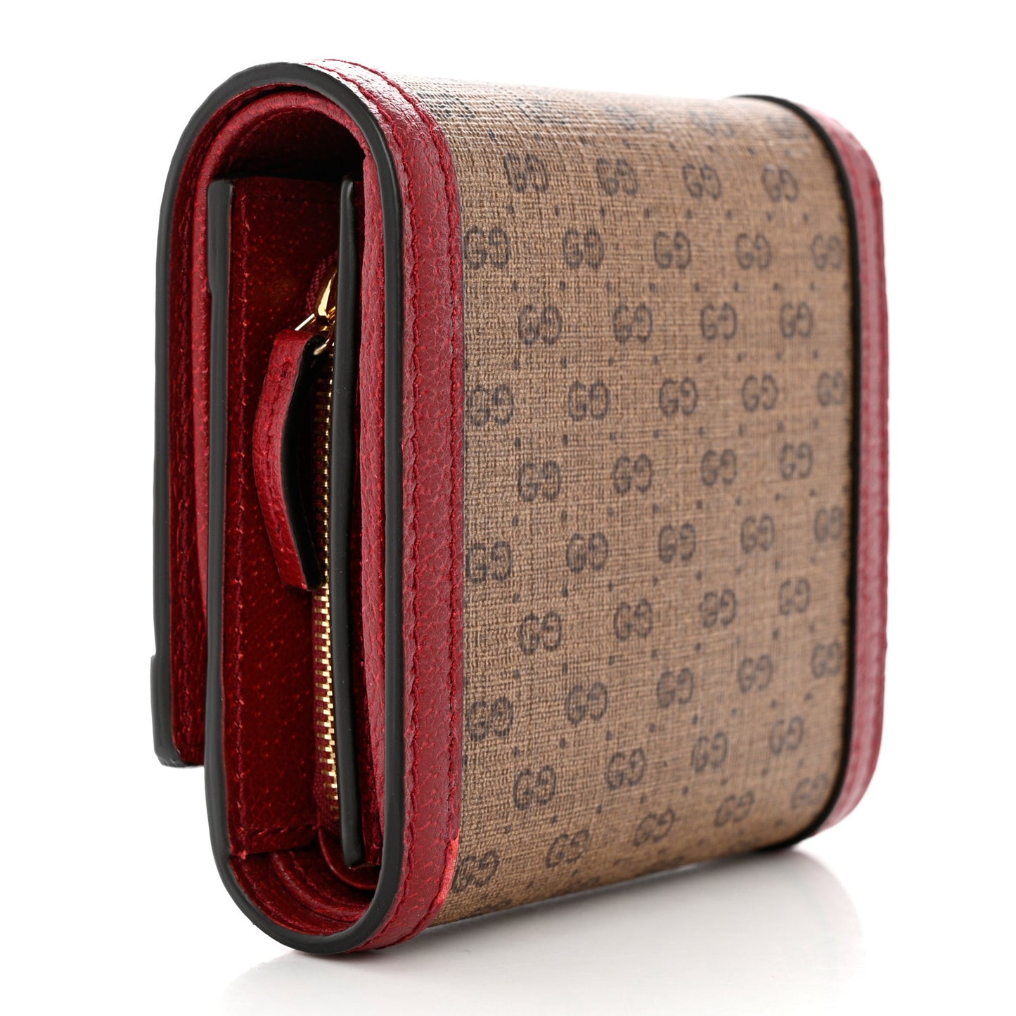 X DORAEMON Mini Vintage GG Supreme Monogram Compact Wallet Beige Cherry Red