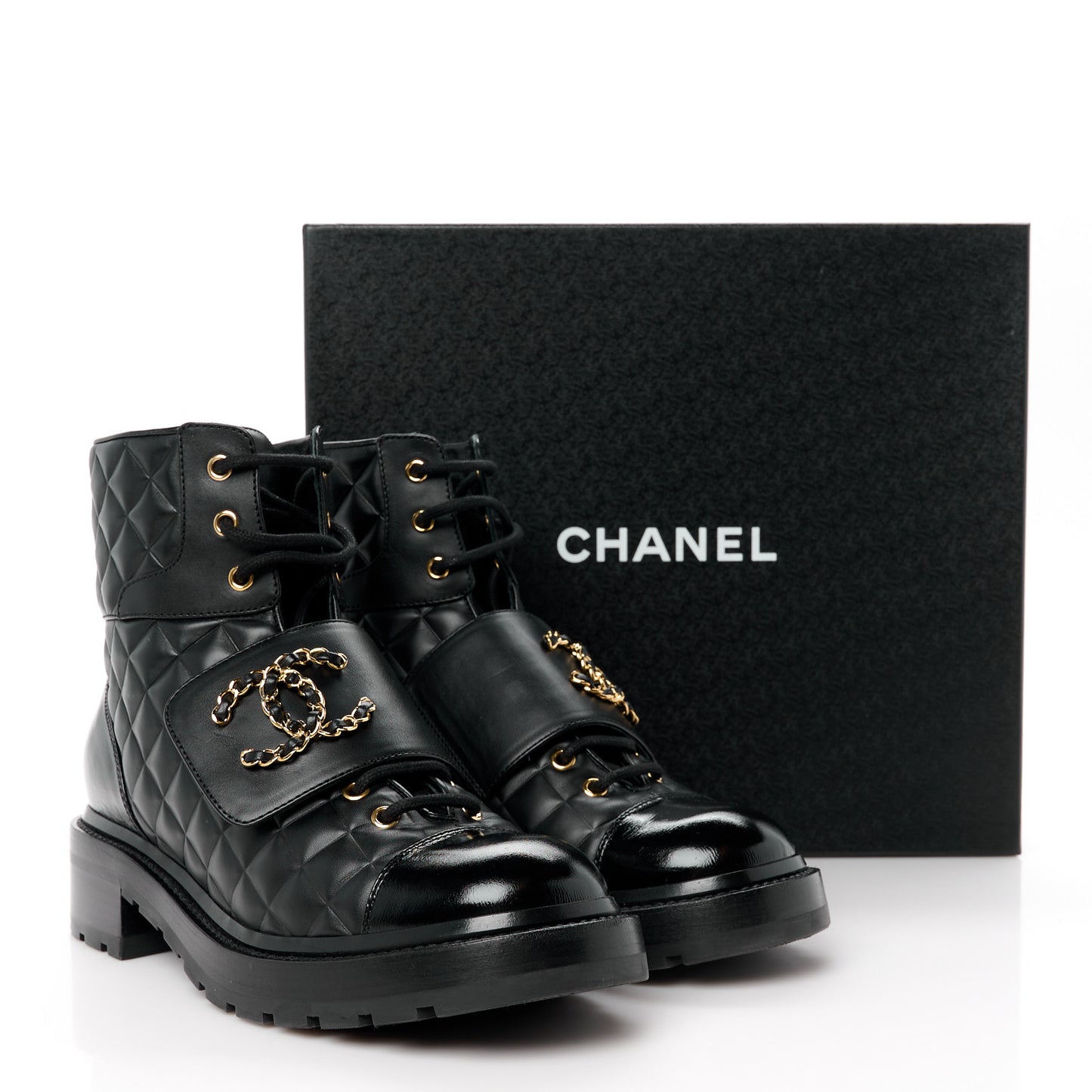 Shiny Calfskin Quilted Lace Up Combat Boots 39.5 Black