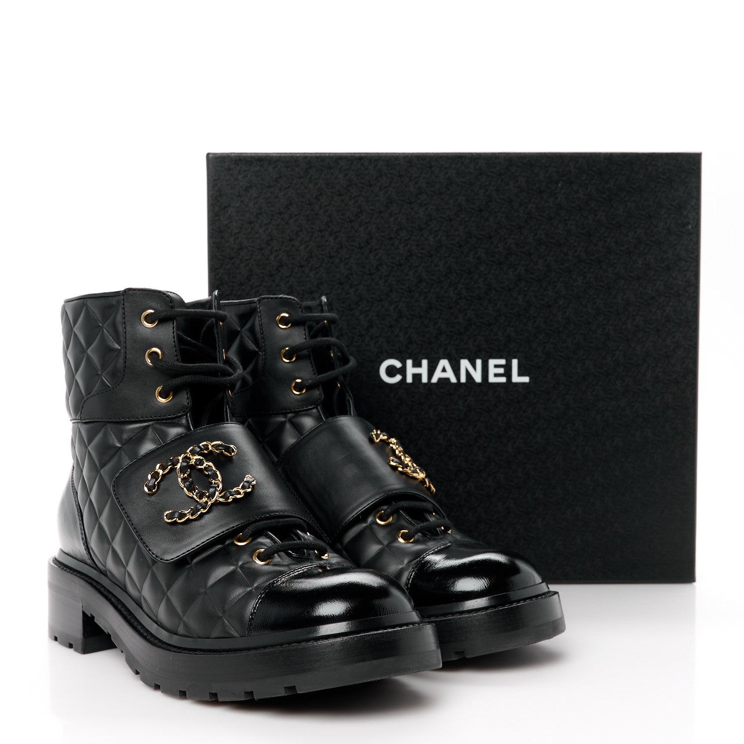 Chanel Shiny Calfskin Quilted Lace Up Combat Boots 39.5 Black 10 of 10