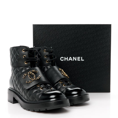Chanel Shiny Calfskin Quilted Lace Up Combat Boots 39.5 Black 10 of 10