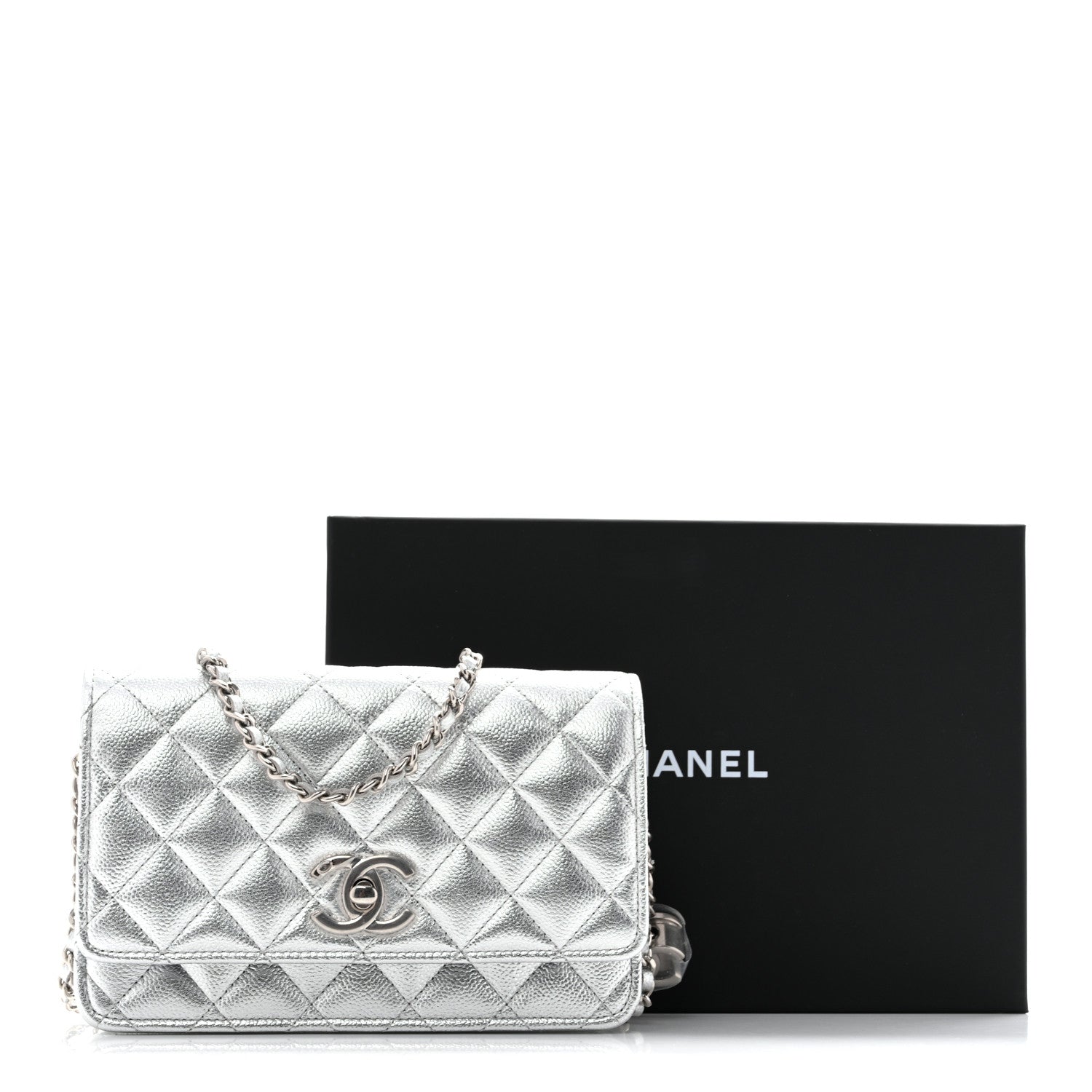 Chanel Metallic Caviar Quilted Wallet On Chain WOC Silver 13 of 13