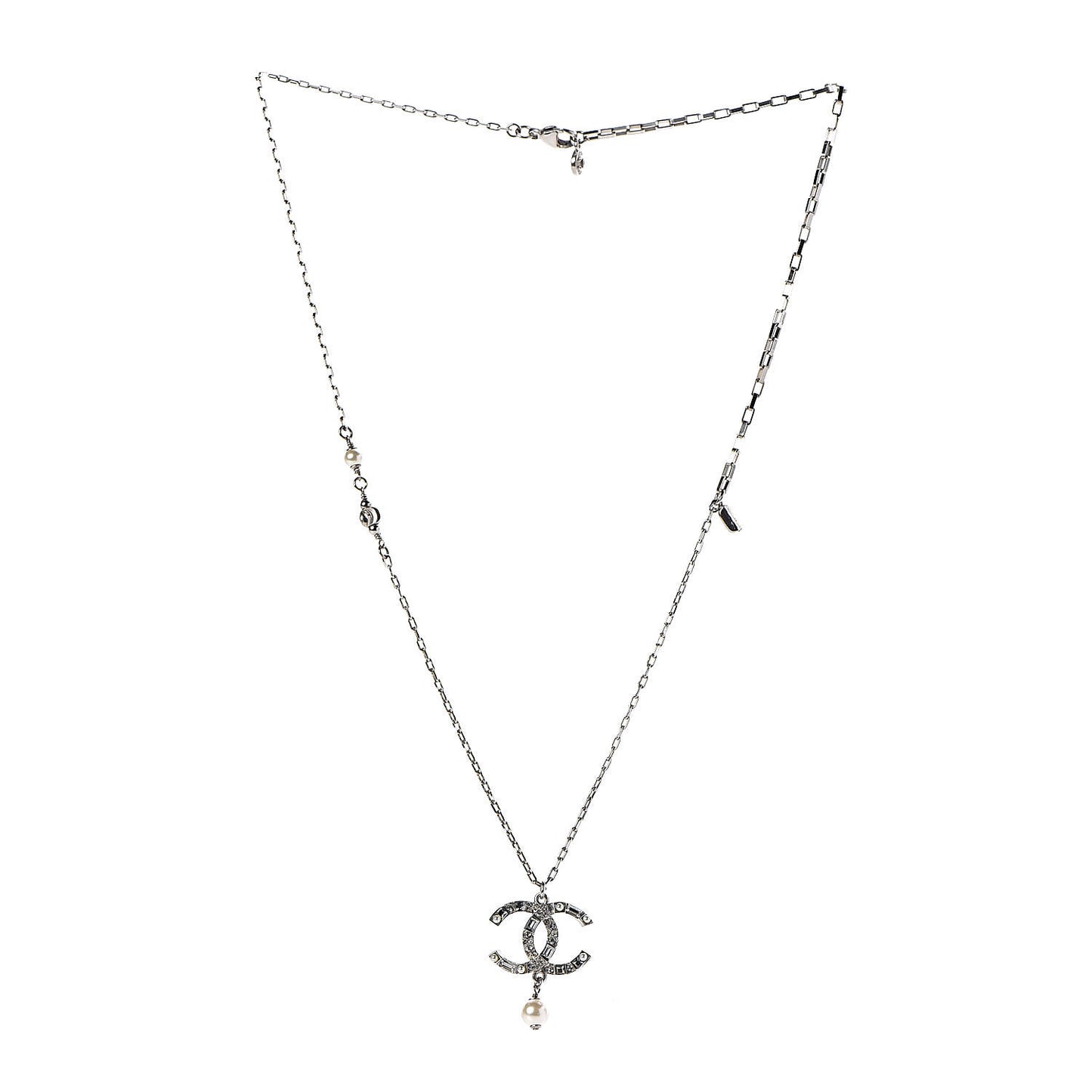 Baguette Crystal Pearl CC Pendant Necklace Silver