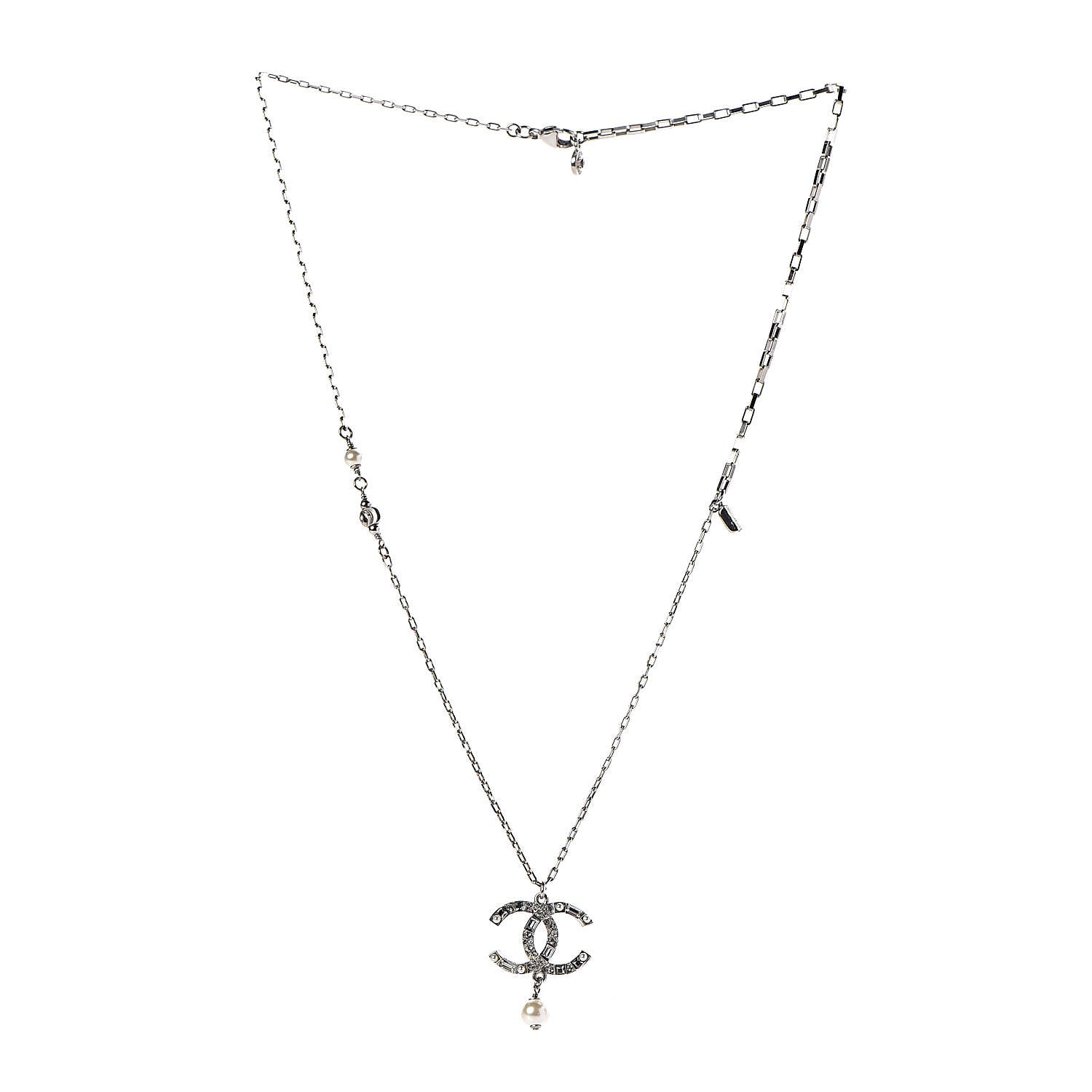Chanel Baguette Crystal Pearl CC Pendant Necklace Silver 3 of 5