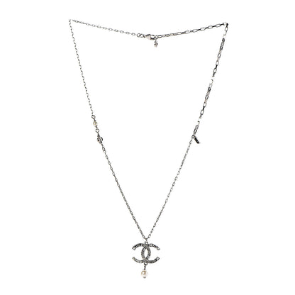 Chanel Baguette Crystal Pearl CC Pendant Necklace Silver 3 of 5