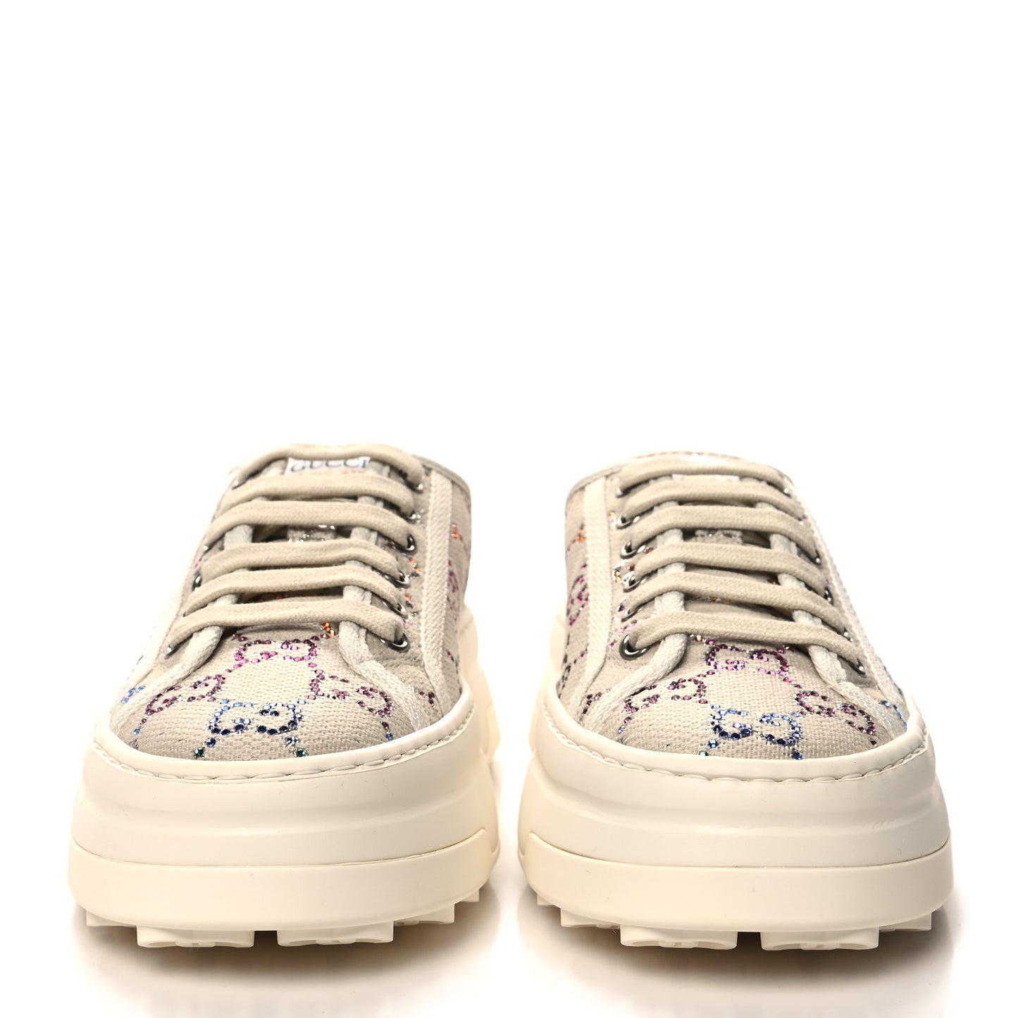 Canvas Lame Crystal GG Monogram Womens 1977 Tennis Platform 52mm Sneakers 36 Gardenia Silver Mystic White