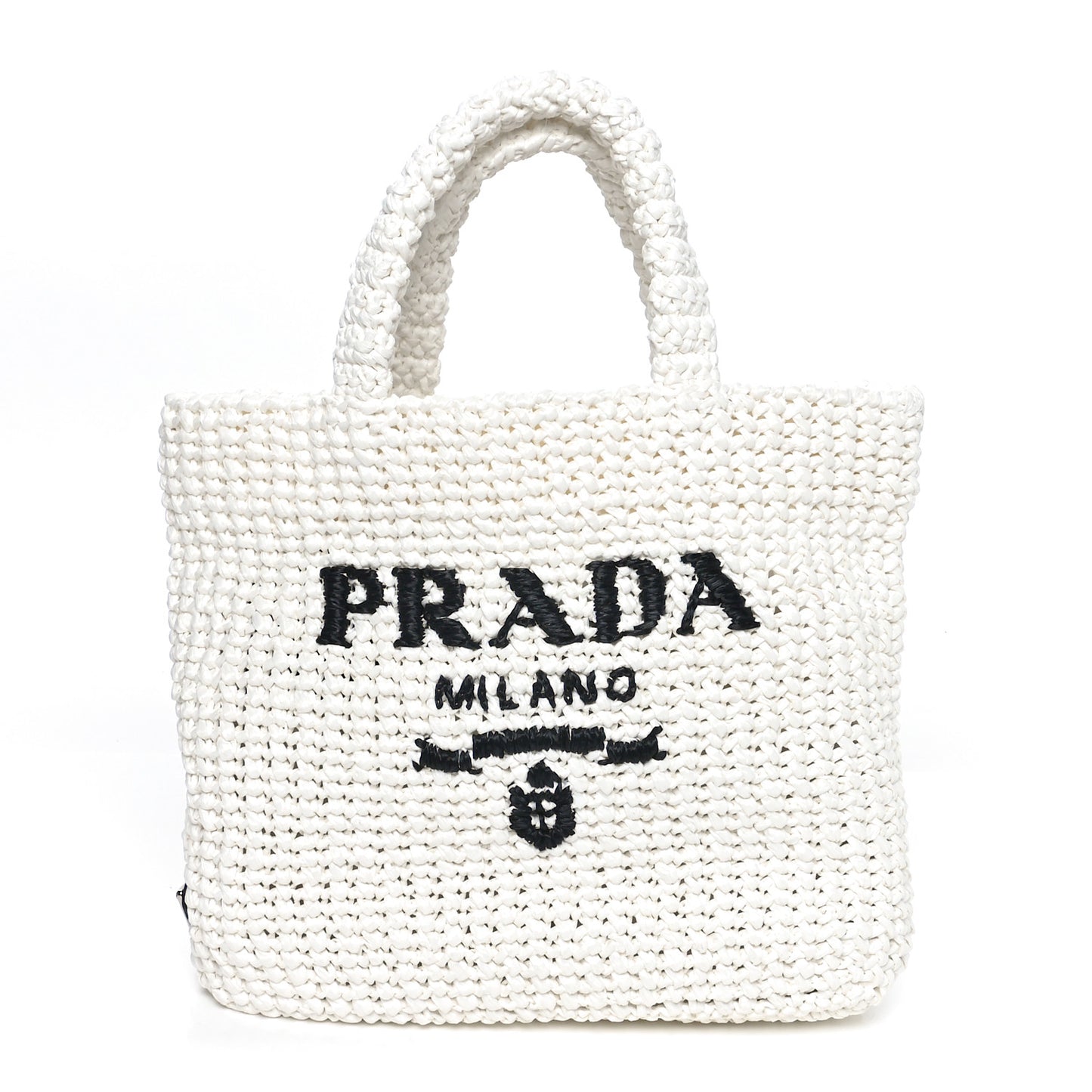 Yarn Raffia Effect Crochet Embroidered Small Logo Tote White