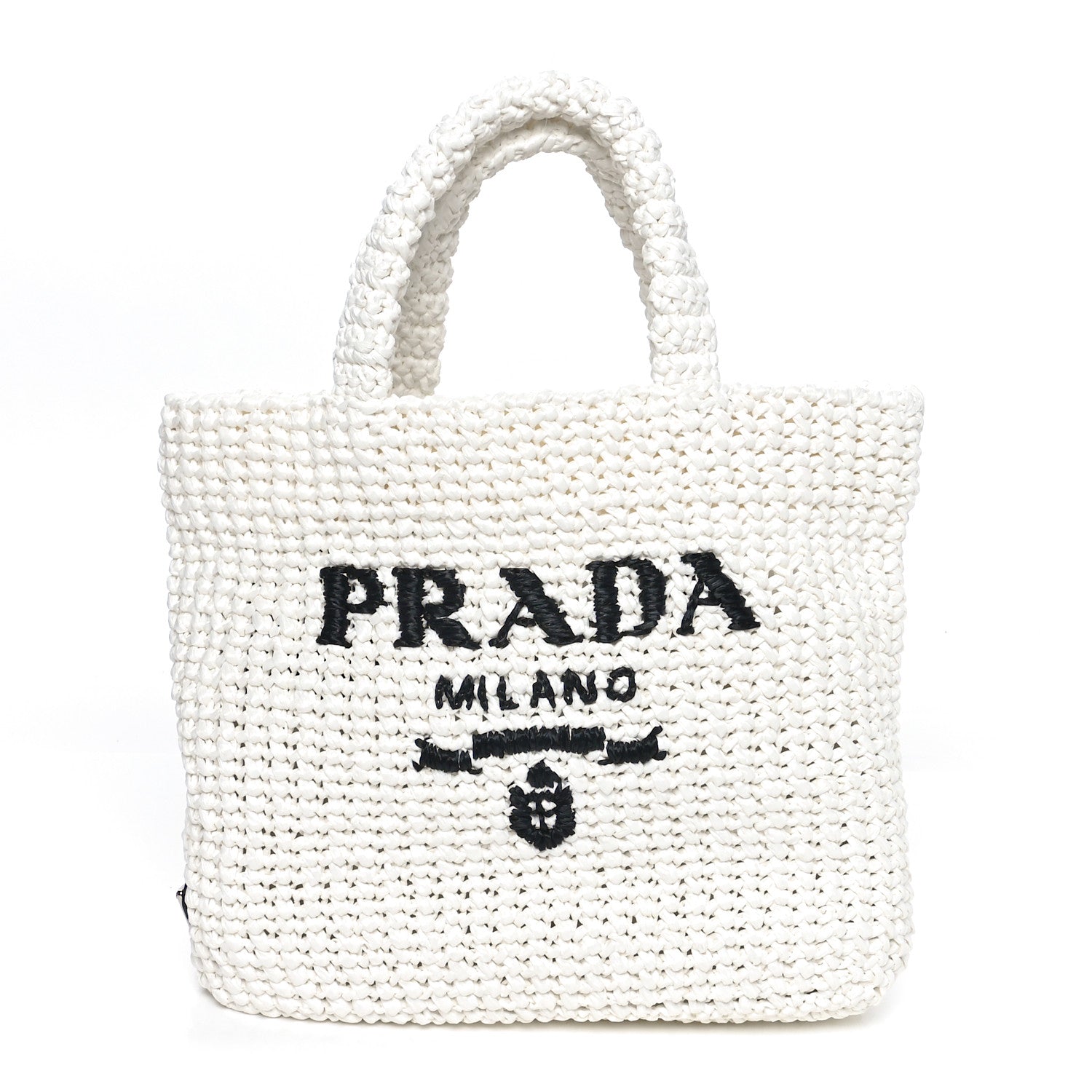 Prada Yarn Raffia Effect Crochet Embroidered Small Logo Tote White 1 of 10
