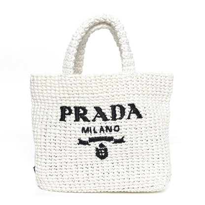 Prada Yarn Raffia Effect Crochet Embroidered Small Logo Tote White 1 of 10