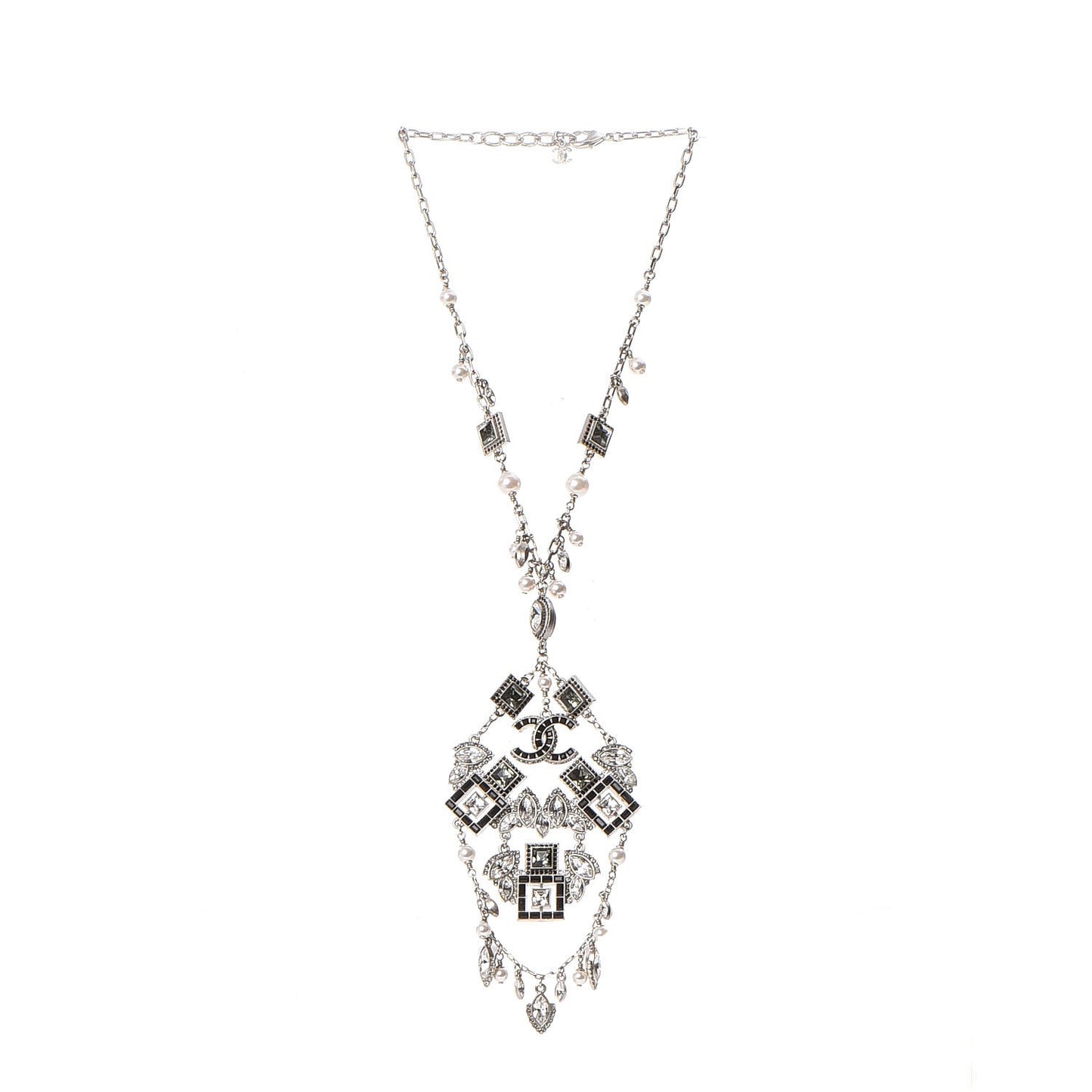 Crystal Strass Pearl CC Necklace Silver Black